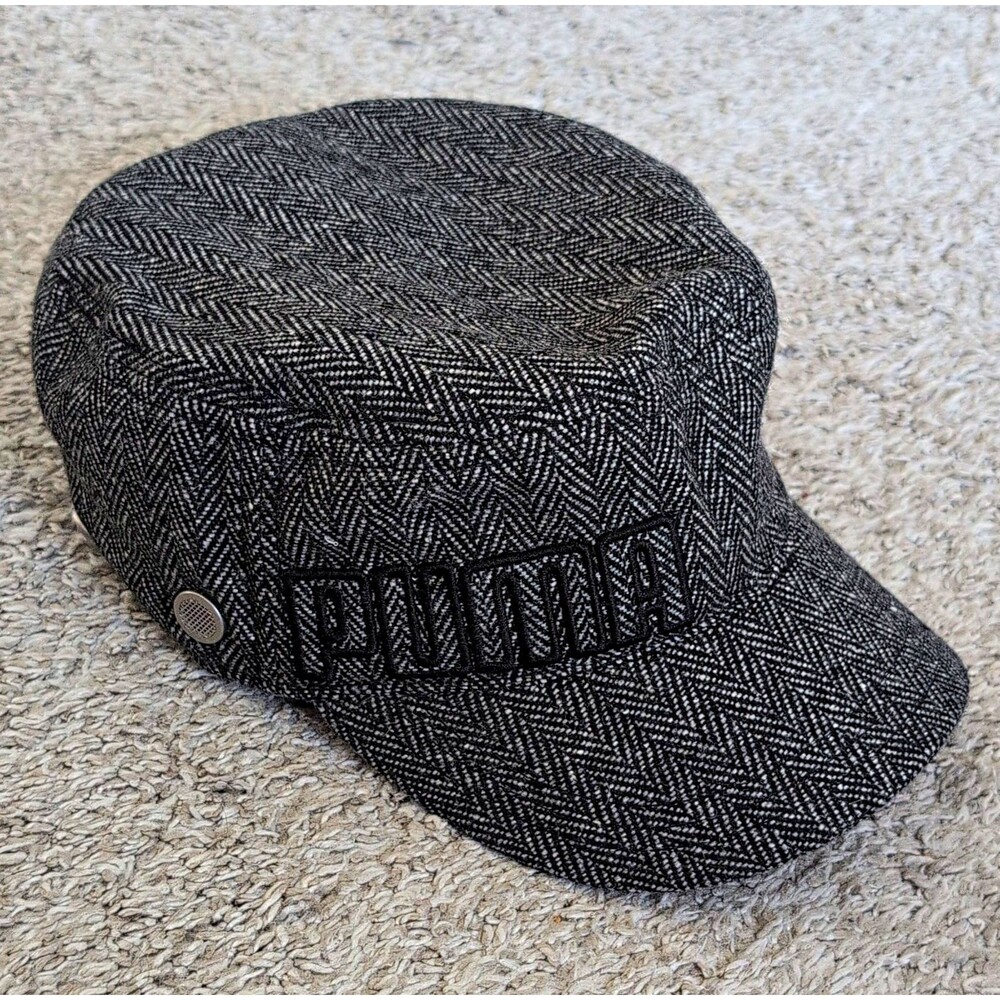 Puma Herringbone Tweed Cadet Cap Gray Black Military Hat Adjustable